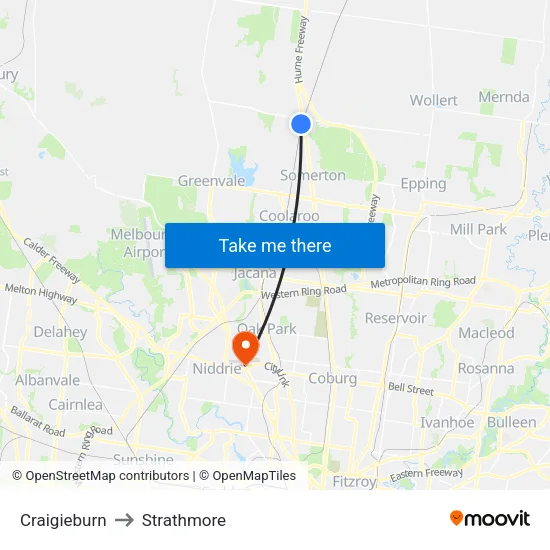 Craigieburn to Strathmore map