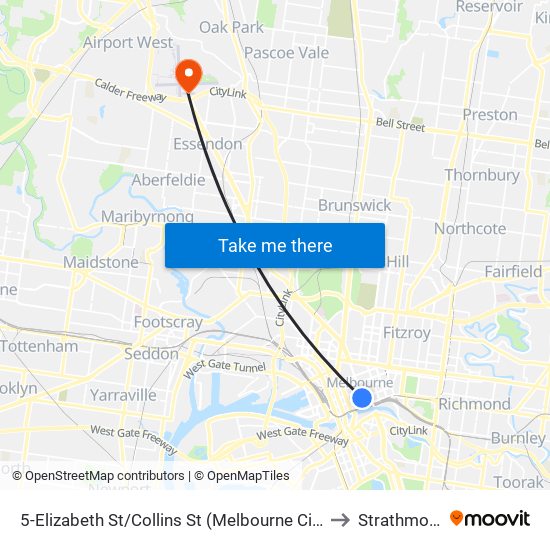5-Elizabeth St/Collins St (Melbourne City) to Strathmore map