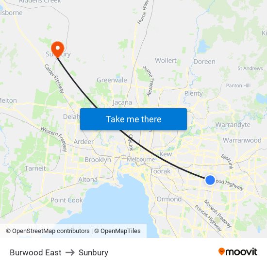 Burwood East to Sunbury map