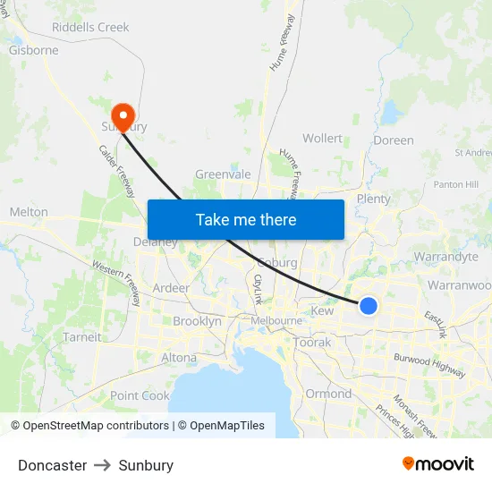 Doncaster to Sunbury map