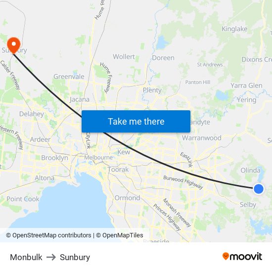 Monbulk to Sunbury map