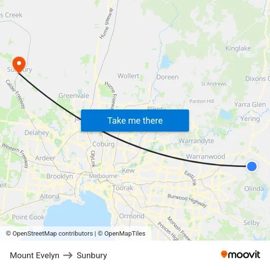 Mount Evelyn to Sunbury map