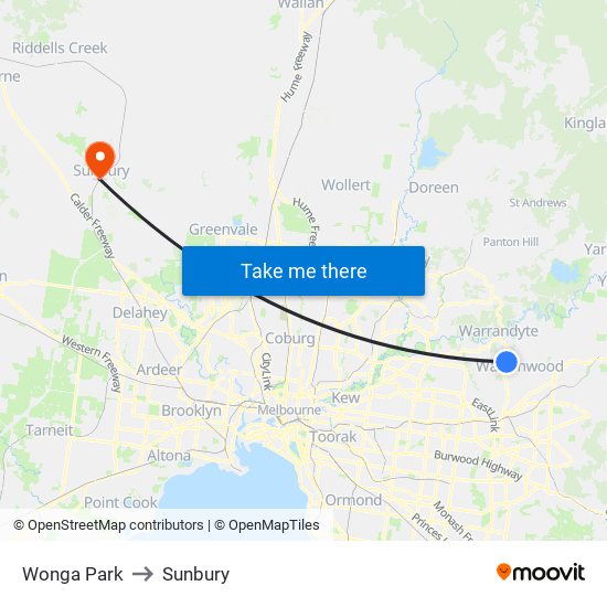 Wonga Park to Sunbury map