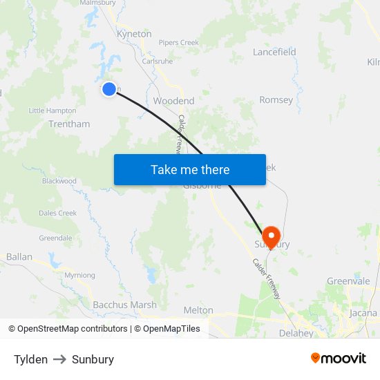 Tylden to Sunbury map