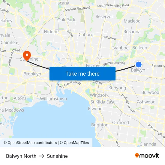 Balwyn North to Sunshine map