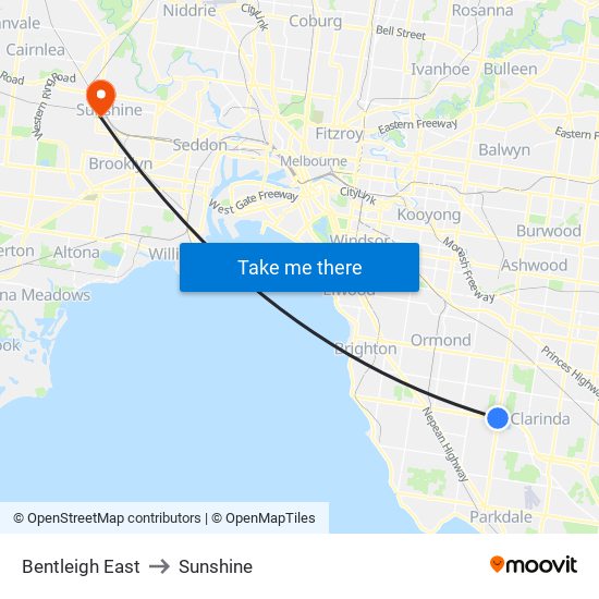 Bentleigh East to Sunshine map