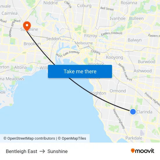 Bentleigh East to Sunshine map