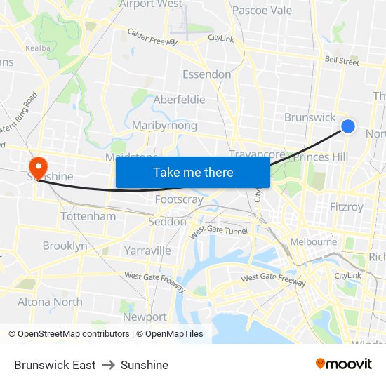 Brunswick East to Sunshine map