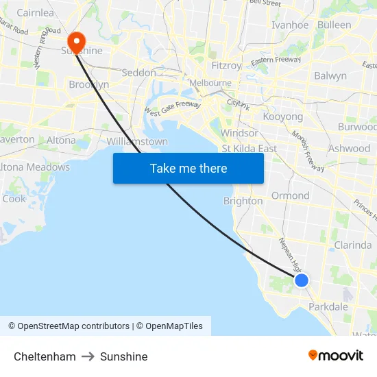Cheltenham to Sunshine map