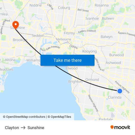 Clayton to Sunshine map