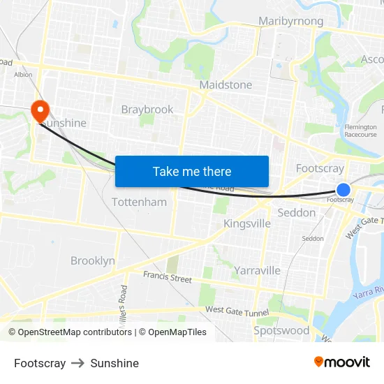 Footscray to Sunshine map