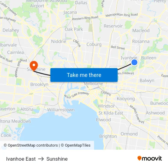 Ivanhoe East to Sunshine map