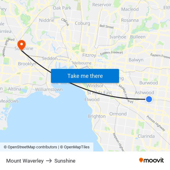 Mount Waverley to Sunshine map