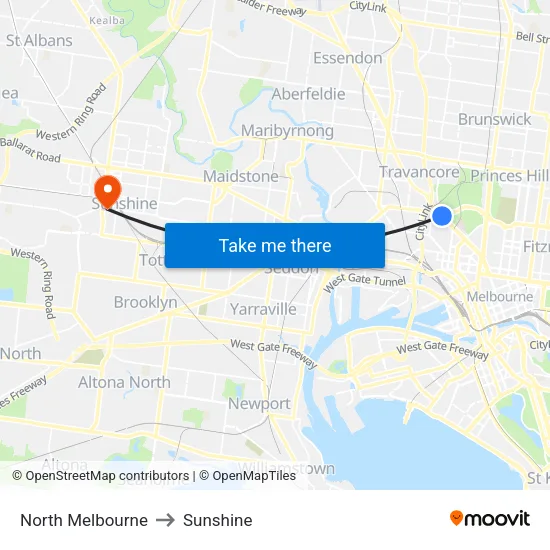 North Melbourne to Sunshine map