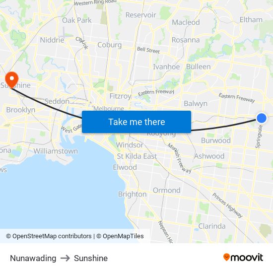 Nunawading to Sunshine map