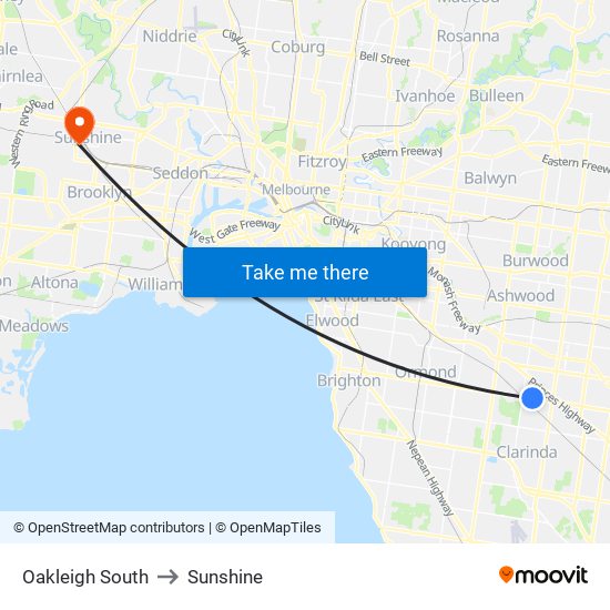 Oakleigh South to Sunshine map