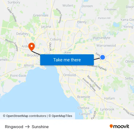 Ringwood to Sunshine map