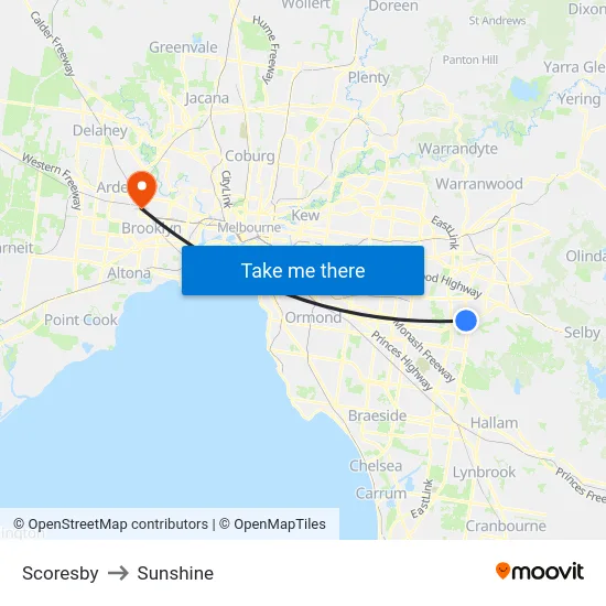 Scoresby to Sunshine map