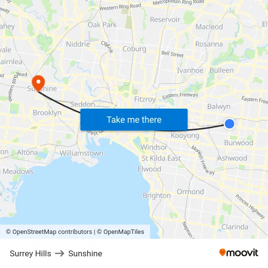 Surrey Hills to Sunshine map