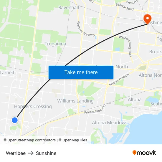 Werribee to Sunshine map