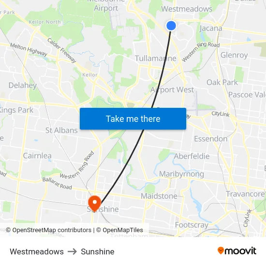 Westmeadows to Sunshine map