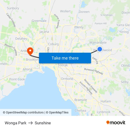 Wonga Park to Sunshine map