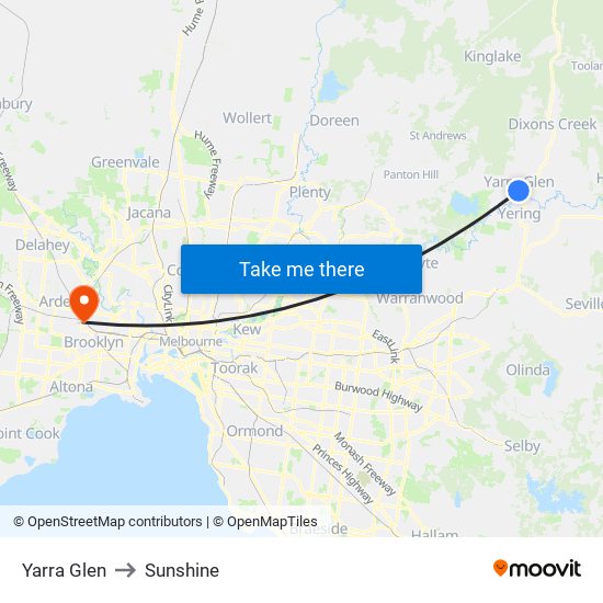 Yarra Glen to Sunshine map