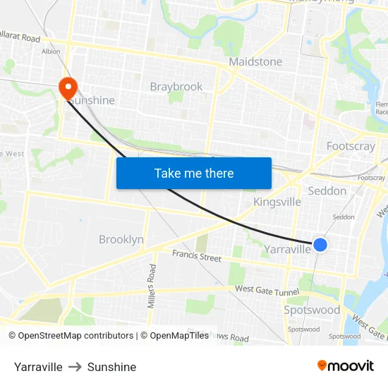 Yarraville to Sunshine map