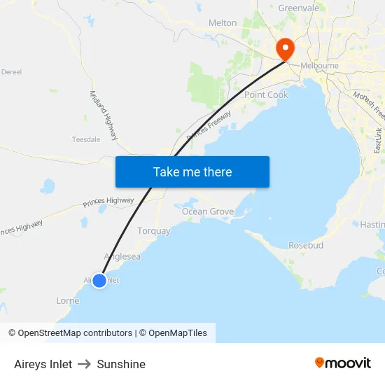 Aireys Inlet to Sunshine map