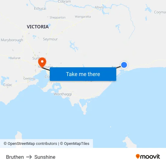 Bruthen to Sunshine map