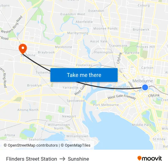 Flinders Street Station to Sunshine map