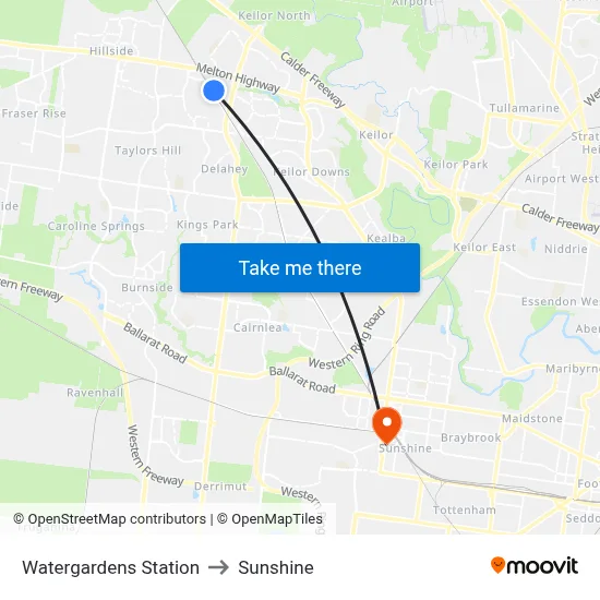 Watergardens Station to Sunshine map