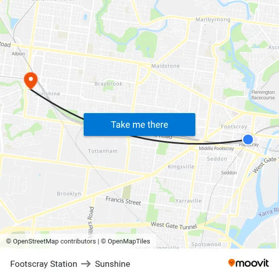 Footscray Station to Sunshine map