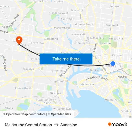 Melbourne Central Station to Sunshine map