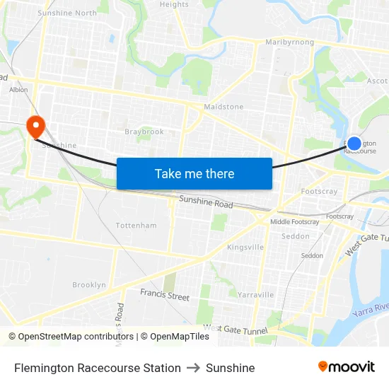 Flemington Racecourse Station to Sunshine map