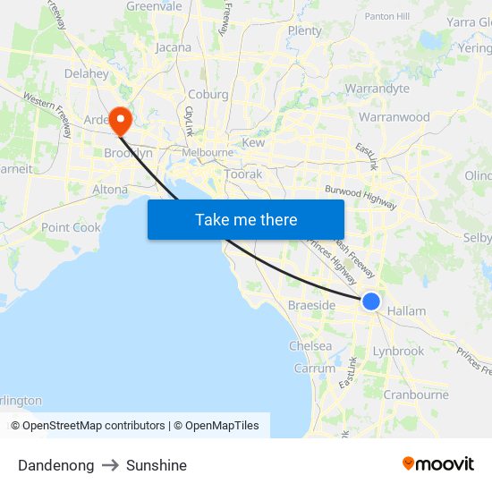 Dandenong to Sunshine map