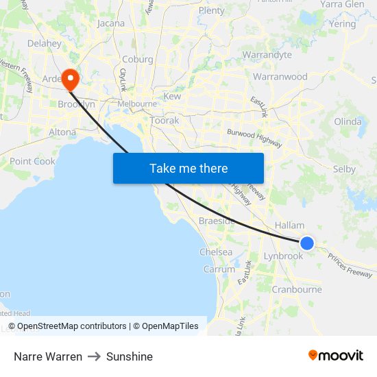 Narre Warren to Sunshine map