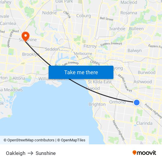 Oakleigh to Sunshine map