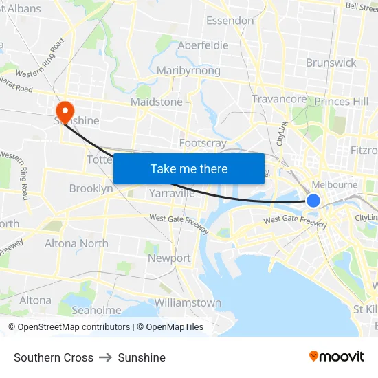Southern Cross to Sunshine map