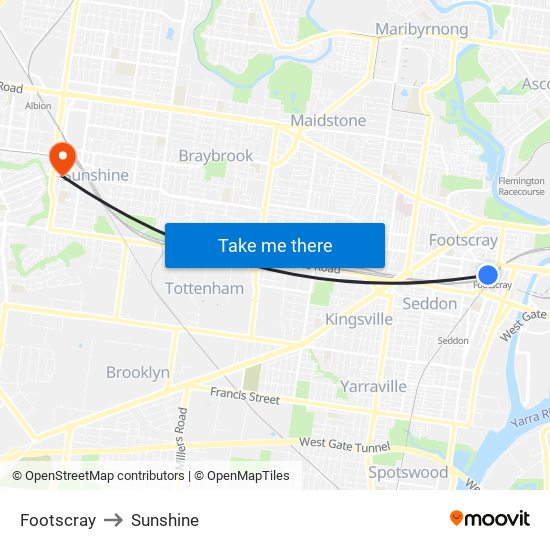 Footscray to Sunshine map