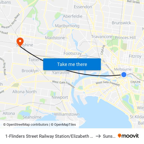 1-Flinders Street Railway Station/Elizabeth St (Melbourne City) to Sunshine map