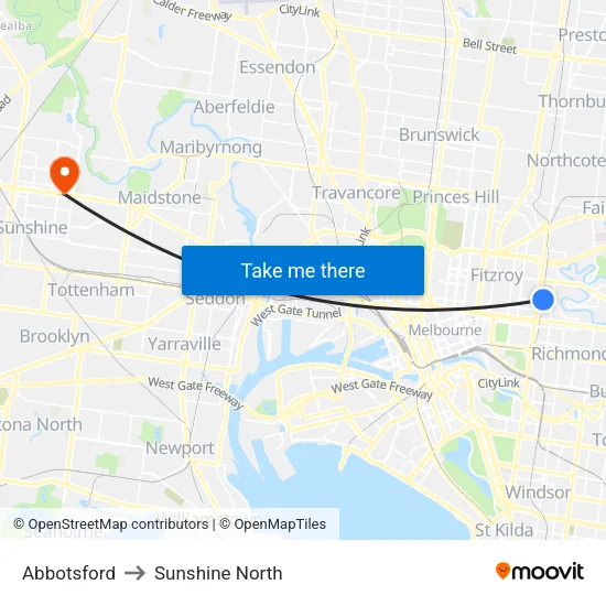 Abbotsford to Sunshine North map