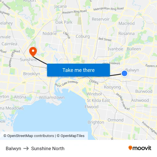 Balwyn to Sunshine North map