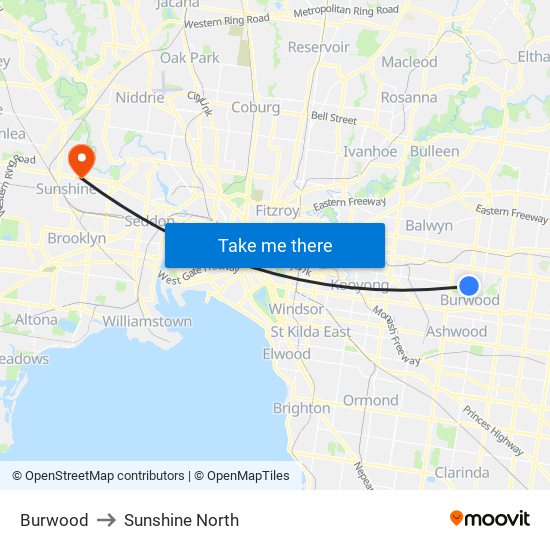 Burwood to Sunshine North map