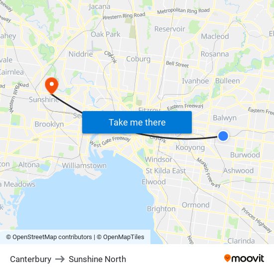 Canterbury to Sunshine North map