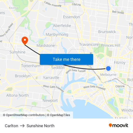 Carlton to Sunshine North map