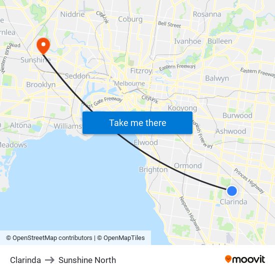 Clarinda to Sunshine North map