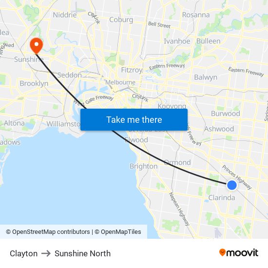 Clayton to Sunshine North map