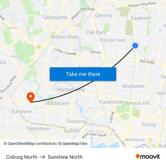 Coburg North to Sunshine North map