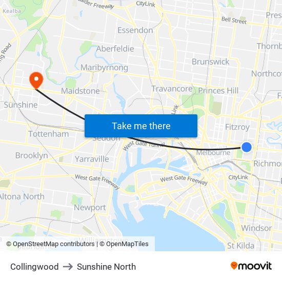 Collingwood to Sunshine North map